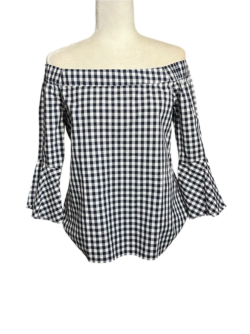 Off-Shoulder Blue and White Gingham Bell Sleeve Top